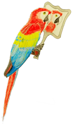 A scarlet macaw sitting on a stick holding a mirror showing their reflection, hand-drawn in pencil. Click to hear one of the three (randomized) easter eggs.
